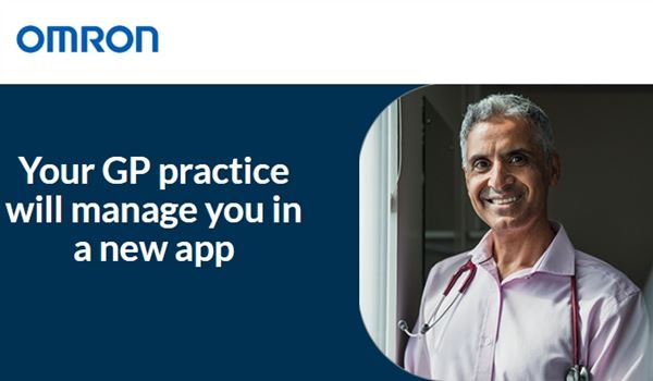 The OMRON logo, a smiling man and the words, Your GP practice will manage you in a new app